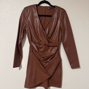 Zara Chestnut Faux Leather Long Sleeve Dress